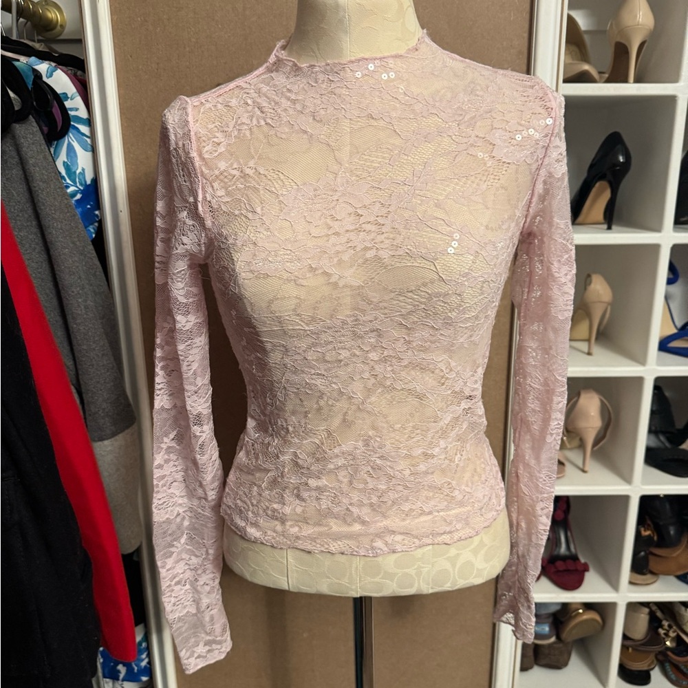 Blush Pink Lace Sequin Long Sleeve Top | Wild Fable | Size Small | NWT